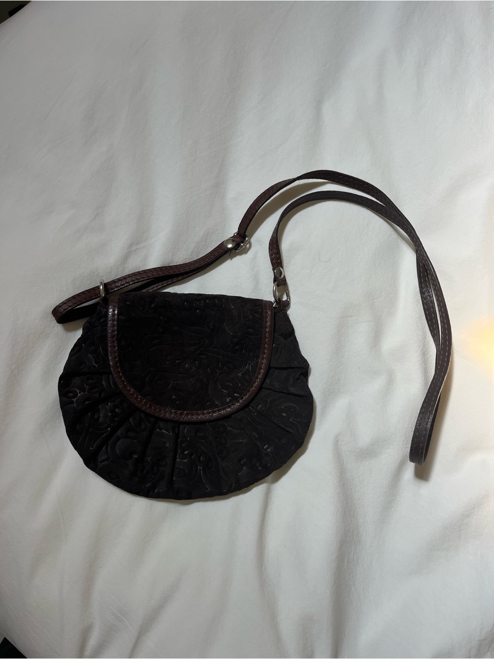 Dark Brown Suede Embossed Crossbody Bag - Women's Shoulder Purse